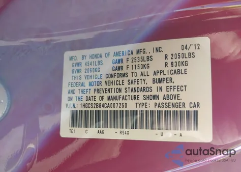 2012 Honda Accord 3.5 Ex-L from USA, damaged, VIN 1HGCS2B84CA007250